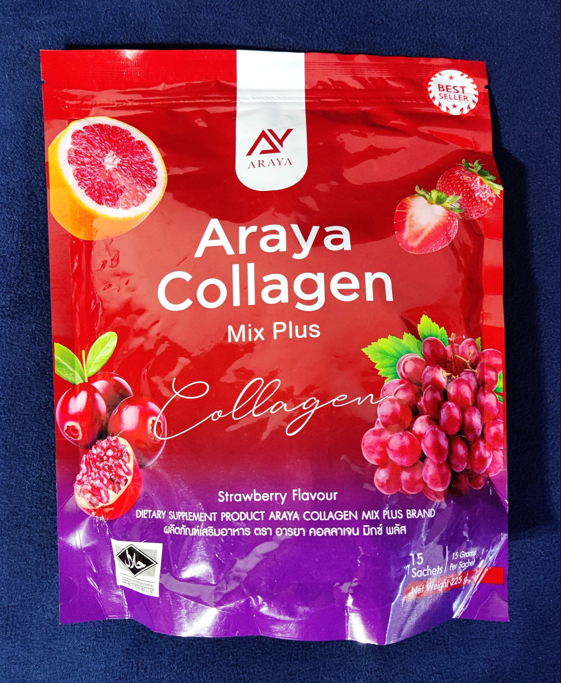 Araya Collagen Mix Plus package with fruits on a blue background