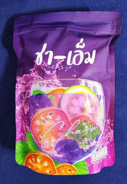 Purple packaging with colorful fruit illustration and brand name on a blue background