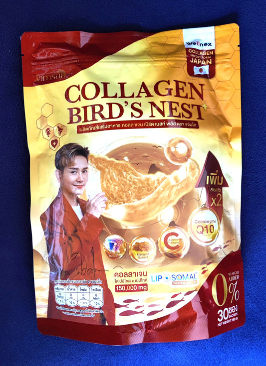 Collagen Bird's Nest package with a person on a blue background