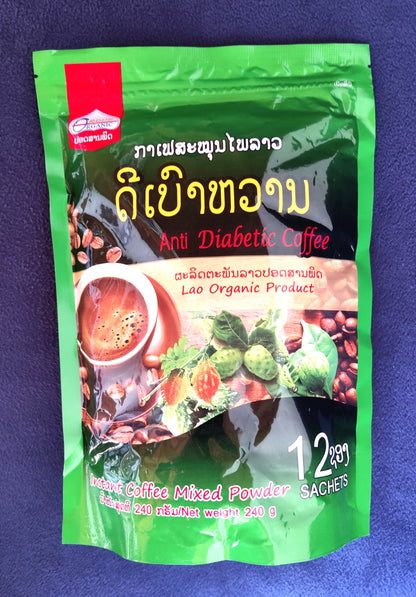 Green package of anti-diabetic coffee on a blue background