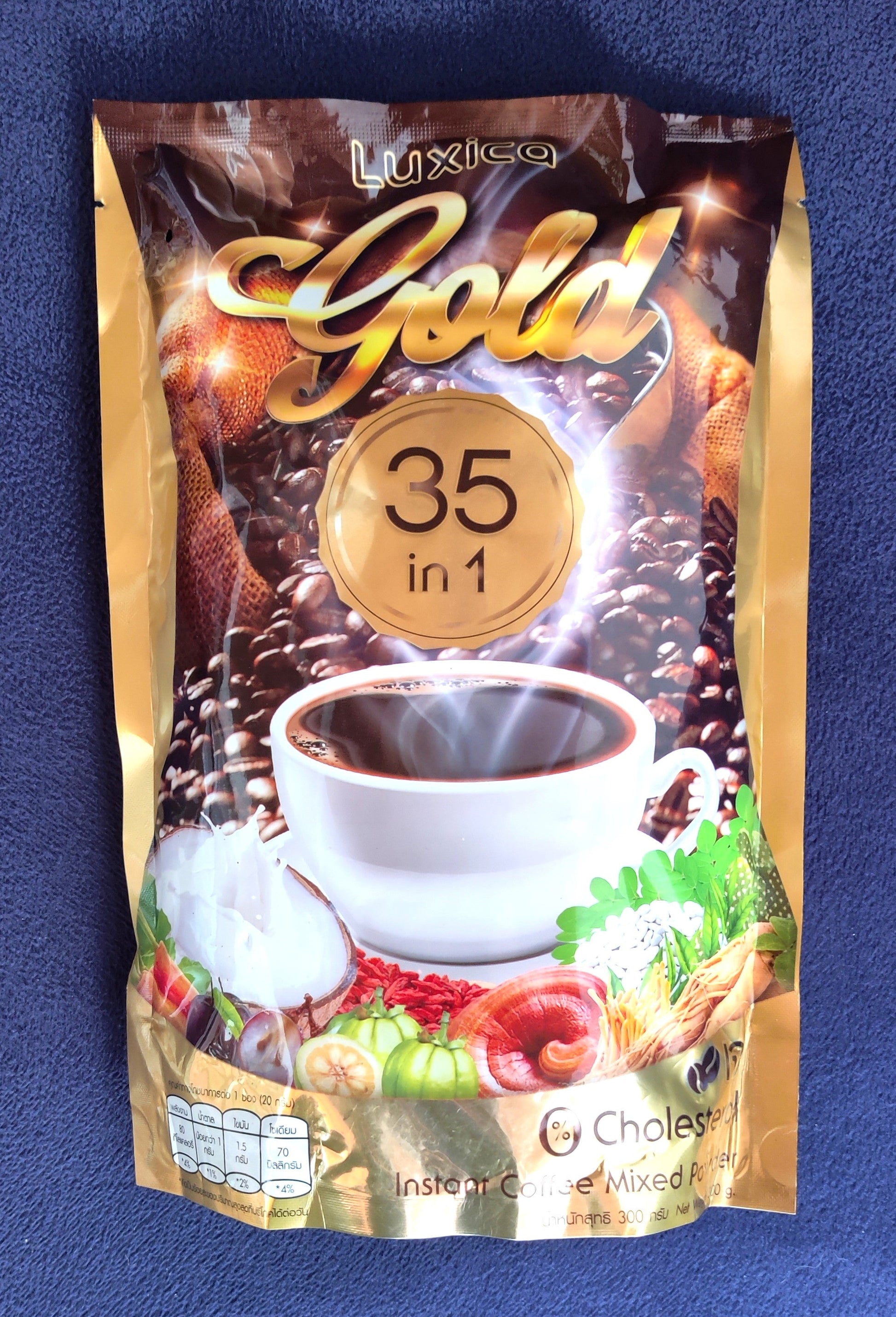 Luxiga Gold 35 in 1 instant coffee pack on a blue background