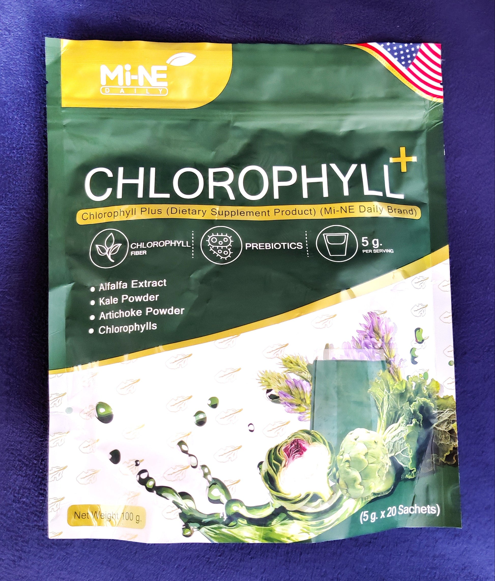 Chlorophyll supplement package with green and yellow design on a purple background