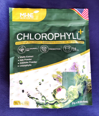 Chlorophyll supplement package with green and yellow design on a purple background
