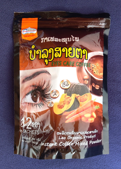 Packaging of Lao Organic Product Instant Coffee Mixed Powder on a blue background