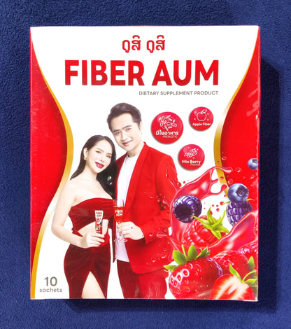 Fiber Aum dietary supplement product packaging on a blue background