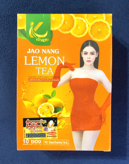 Jao Nang Lemon Tea package with a woman in an orange dress on a blue background
