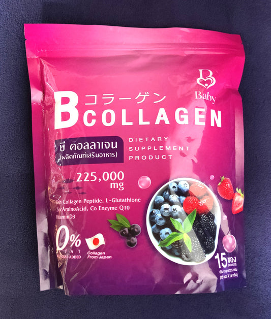 Pink package of B Collagen dietary supplement on a dark background