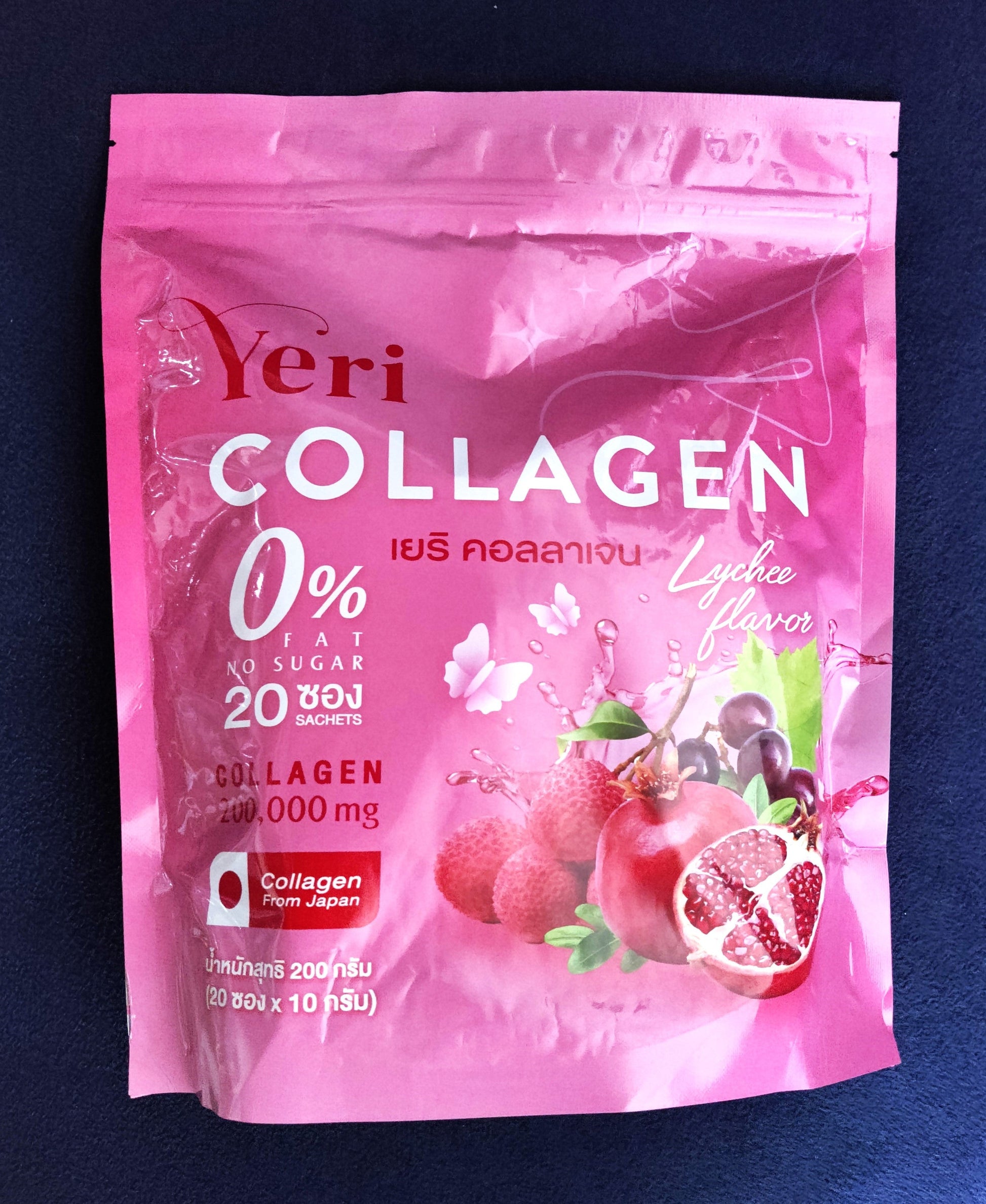 Pink package of Yeri Collagen on a dark background