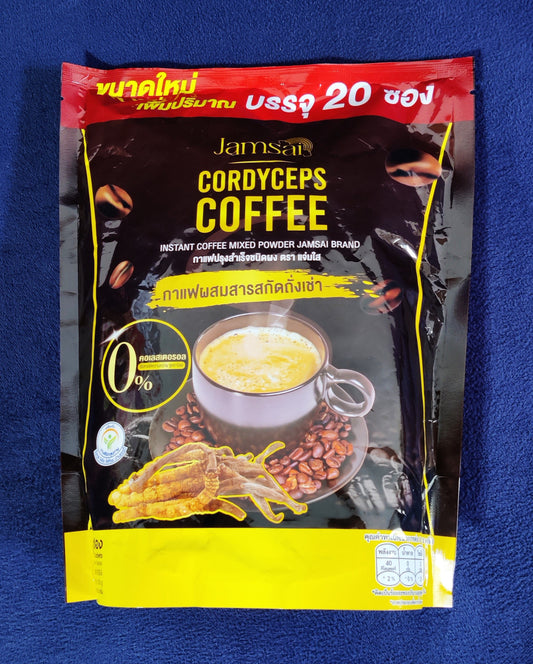 Packaging of Jamsir Cordyceps Coffee on a blue background