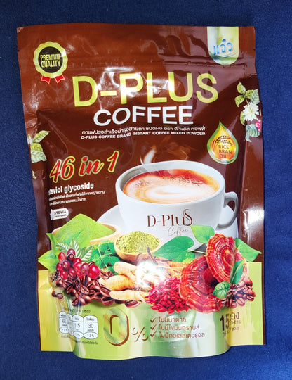 D-Plus Coffee package on a blue background