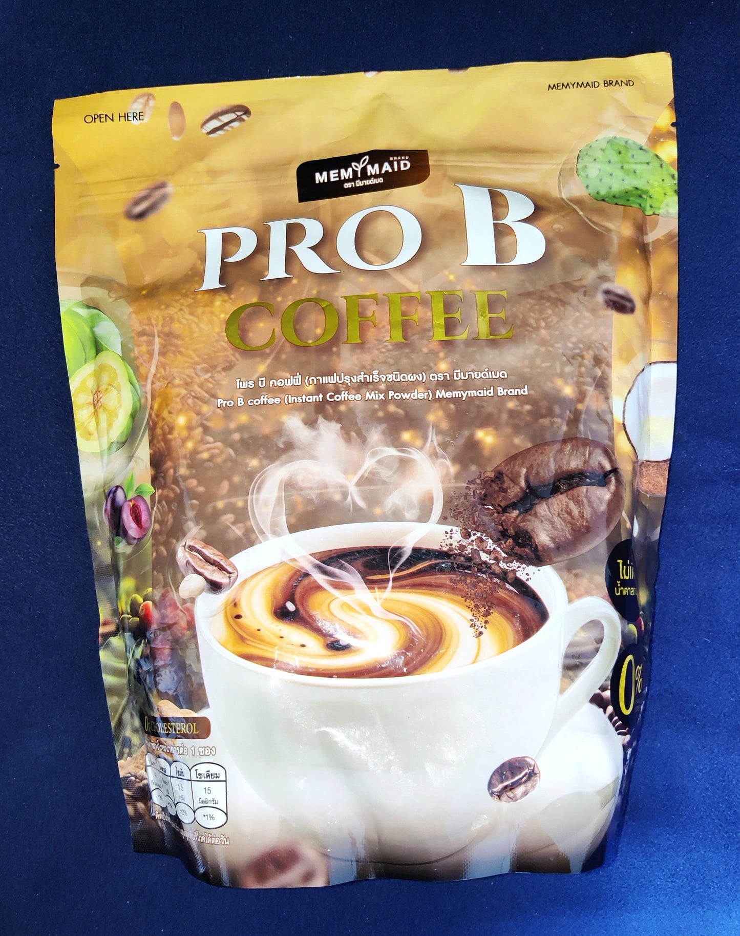 Pro B Coffee package with a cup of coffee and coffee beans on a blue background