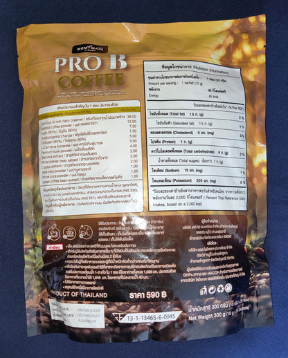 Pro B Coffee package with nutritional information on a blue background