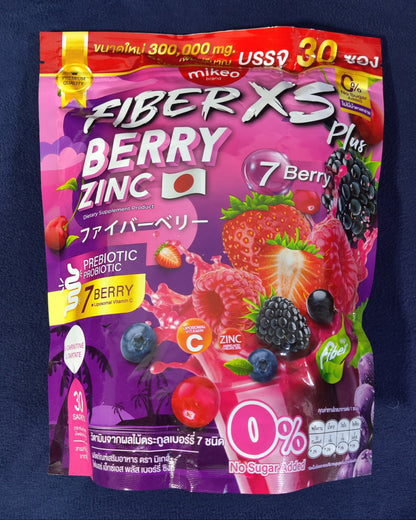Fiber XS Berry Zinc supplement package on a dark blue background